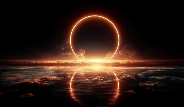Ecliptic sunset with a glowing ring of light over the ocean horizon, illuminated by orange and yellow lighting on a dark sky