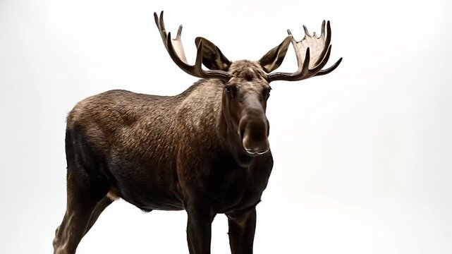 Majestic moose stands proudly in front of a neutral backdrop, showcasing its impressive antlers 