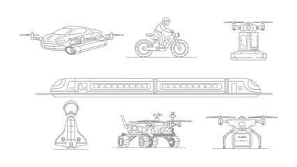 Obraz premium Technological Transport: A detailed outline showcases diverse futuristic vehicles, including drones, high-speed trains, and space exploration elements.