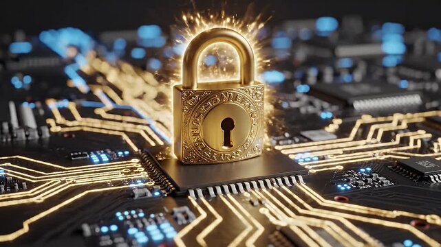 A close-up shot of a golden padlock sitting on top of a modern digital circuit board. The video represents internet cyber security, encryption, and high-tech firewall protection.