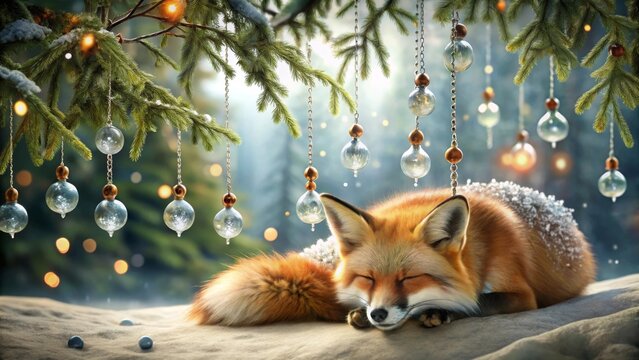 A peaceful red fox naps soundly beneath a wintery evergreen tree adorned with delicate glass ornaments, a magical scene of serene holiday slumber.