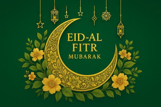A vibrant Eid-Al Fitr Mubarak celebration with a golden crescent moon and flowers