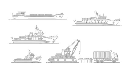 Marine Transportation Set: A meticulously drawn collection of maritime vessels, illustrating diverse elements of transport and infrastructure. © Murshida
