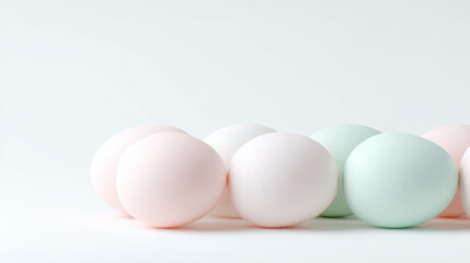 Pastel Easter egg arrangement in soft blush, white, and mint colors on white background with gentle lighting