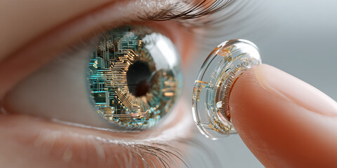 realistic photo of a futuristic smart contact lens on a sterile fingertip with visible micro circuitry and glowing interface for medical vision correction