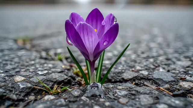 Vibrant purple crocus flower blooms through cracked asphalt