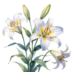 Fototapeta premium Beautiful white lilies with yellow centers and green leaves isolated on transparent background