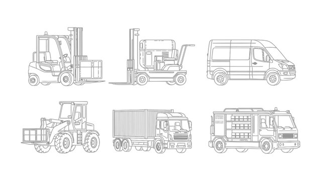 Logistics Lineup: A series of industrial vehicles, showcasing a line art illustration of the workhorse transport. 