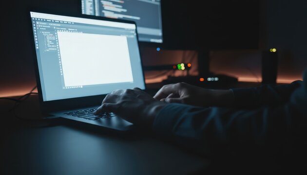 Person Work on Laptop at Night, Detail View of Hand Type on Keyboard