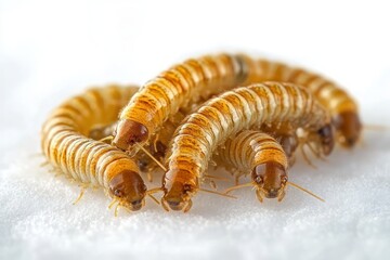 close-up of three glossy yellow mealworm larvae clustered on a white background showing segmented bodies and tiny antennae, appearing to crawl together