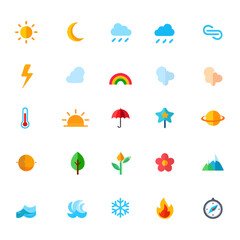 Fototapeta premium Weather and Nature Icons: Sun, Moon, Rain, Snow, Fire, Wind, Flowers
