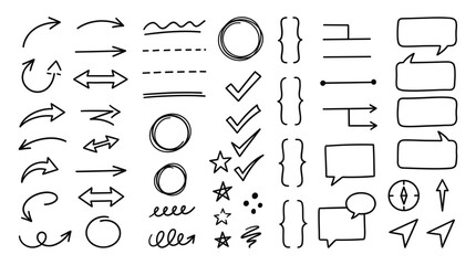 Obraz premium Hand drawn doodle arrows, lines, speech bubbles and check marks vector set