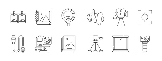 Photo studio set icon. Hanging prints, album book, ring light, spotlight, video camera, focus frame, usb cable, action camera, photo stack, tripod, backdrop stand, handheld camera. © Кирилл Макаров
