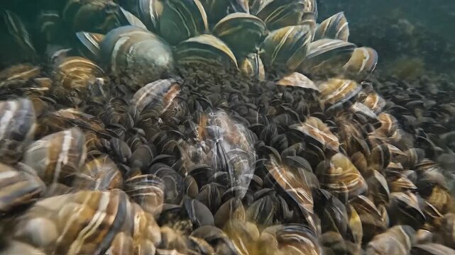 Underwater scene with mussels covering a pipe in ocean