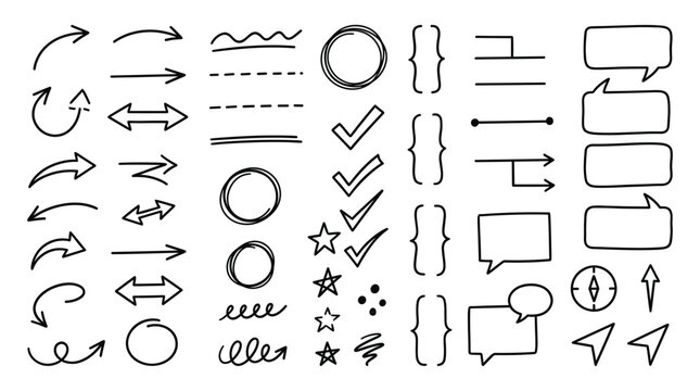 Hand drawn doodle arrows, lines, speech bubbles and check marks vector set