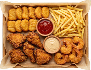 Naklejka premium Overhead view of a wooden tray filled with golden fried chicken pieces crispy breaded shrimp french fries and potato tots served with ketchup and a creamy dipping sauce chicken nuggets