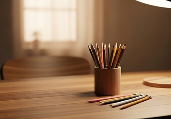 Colorful pencils in a wooden cup on a table in a room