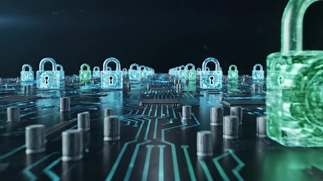 This digital artwork depicts cybersecurity with illuminated lock symbols representing encryption and decryption over a circuit board.