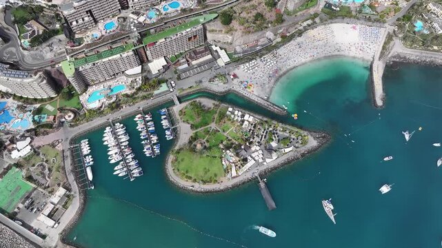 Aerial view of Playa Anfi del Mar and Isla Corazon de Anfi, Gran Canaria, Canary Islands, Spain