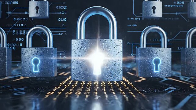 Digital artwork displaying a series of illuminated padlocks on a surface of binary code, symbolizing internet security and firewall protection.