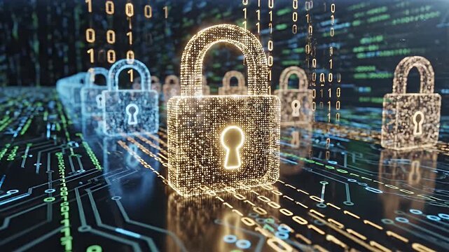 A digital artwork showing a row of glowing lock icons, symbolizing cyber security and internet protection.