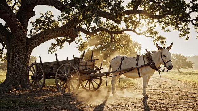 White horse pulling wooden wagon under majestic tree at sunset