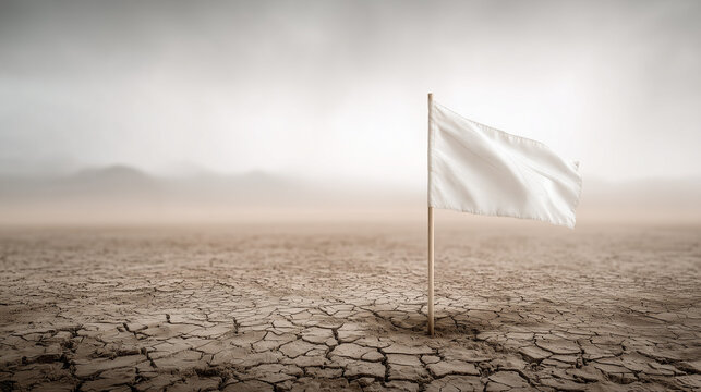 Surrender Flag in a Barren Landscape: A stark image of a white flag waving in a desolate, cracked earth environment.