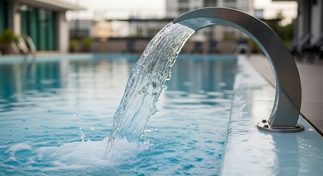 Water feature pouring into swimming pool fountain