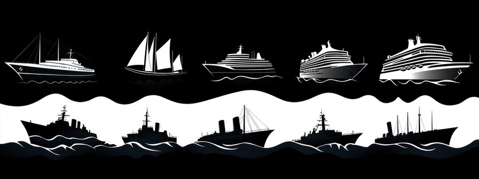 monochrome silhouettes of diverse ships on stylized waves &mdash; yachts, two-masted sailboat, multiple cruise liners, steamship, naval destroyers and cargo vessels with dramatic contrast