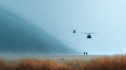 Fototapeta premium Helicopters Over Terrain: Two helicopters soar gracefully against the backdrop of imposing mountains and misty landscapes. The scene is both vast and atmospheric. 