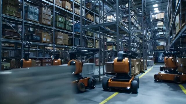 Robotic warehouse bots efficiently navigate through rows of shelved boxes
