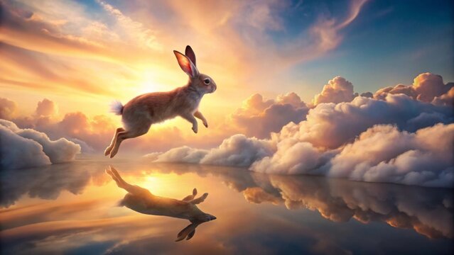 A Leaping Hare Soars Through Dreamlike Clouds at Sunset, its Reflection Mirrored Below in a Serene Waterscape