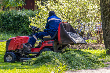Fototapeta premium Worker performing efficient grass cutting with ride-on mower, conveying professionalism, routine upkeep, and landscape care. Scene highlights organized maintenance and outdoor labor.