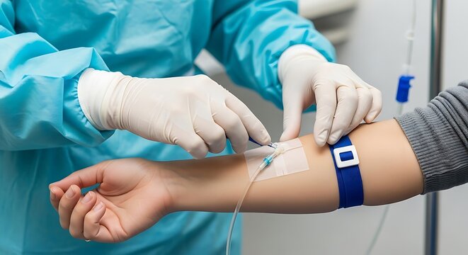 Medical inserting I V needle into patient's arm healthcare