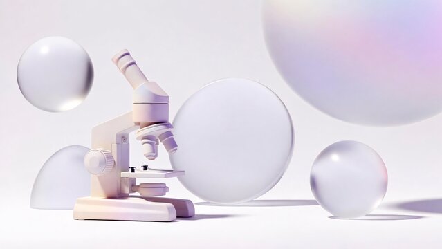 Microscope with iridescent floating bubbles on soft pastel abstract background