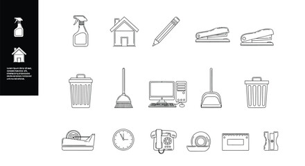 Fototapeta premium A collection of various household and office supplies icons in a blurry black and white image