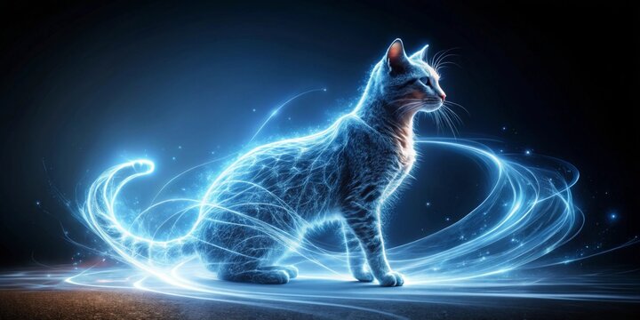 A luminous feline radiating ethereal energy, surrounded by swirling cosmic trails of light
