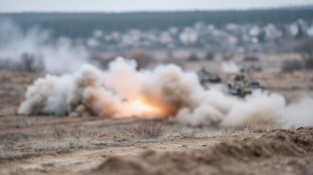 Explosion in the Field: Dramatic explosion erupts, sending a plume of smoke and debris into the air, showcasing raw power and the impact of the event.