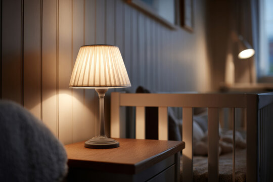 nursery corner with soft shadows and single lamp on, empty crib partially visible, warm but subdued lighting, quiet reflective mood, horizontal composition