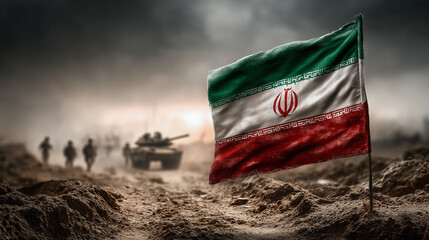 Obraz premium Iranian flag in war scenario: The Iranian flag flutters proudly amidst a scene of conflict, a tank and soldiers in silhouette on the battlefield, evoking a sense of national pride and struggle.