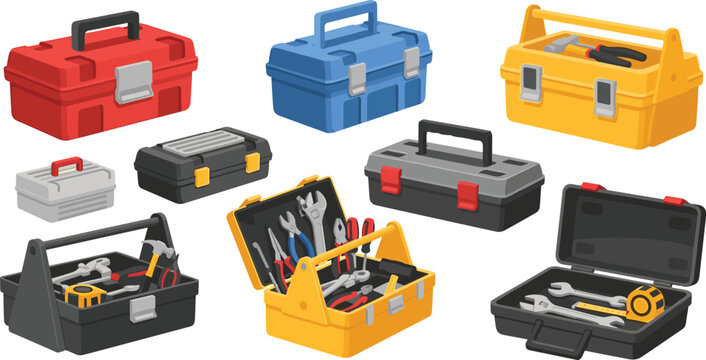 Colorful Toolbox Vector Set with Open and Closed Tool Cases Containing Wrenches, Hammers, Pliers, and Measuring Tapes for Handyman Maintenance and Repair Concept Designs