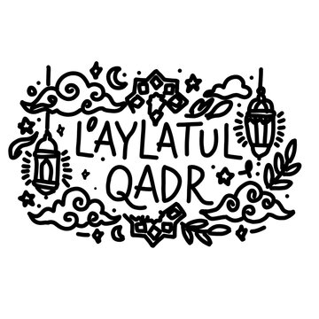 Laylatul Qadr Hand Drawn Doodle Illustration with Islamic Lanterns, Moon, and Stars - Ramadan Kareem Decorative Vector Line Art