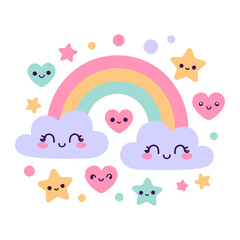 Cute Rainbow and Clouds Illustration - Kawaii Style for Kids