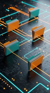 Folders on circuit board with neon lines orange teal