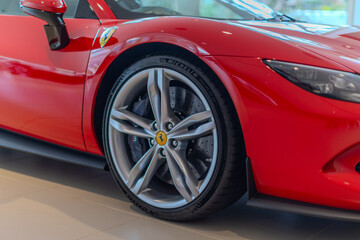 Fototapeta premium 2 March 2026 Italian Car beautiful Ferrari large mag wheels bright colours on show in Sydney NSW Australia