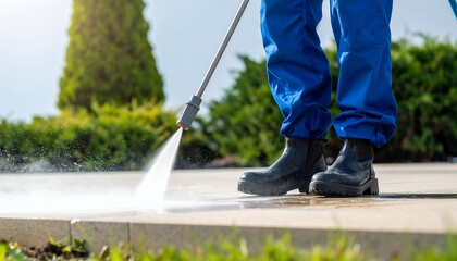 Profesjonalne czyszczenie tarasu za pomocą myjki wysokociśnieniowej przez pracownika w odzieży ochronnej na terenie prywatnej posesji.