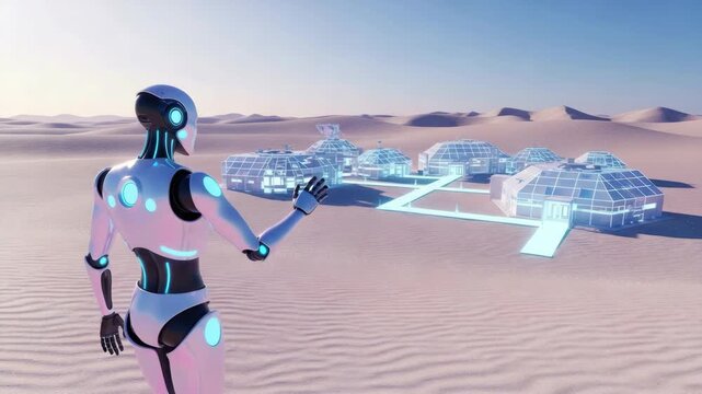 Futuristic robot and habitat in a desert environment