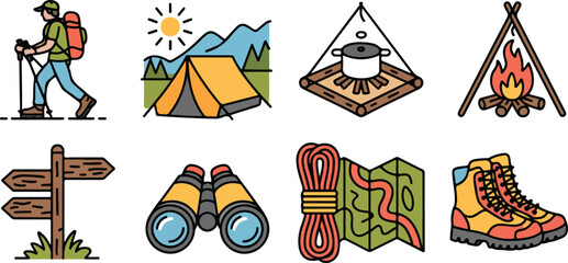 Set of outdoor adventure icons with hiker mountains tent campfire cooking pot signpost binoculars map rope boots. © Mst Fateha Begum