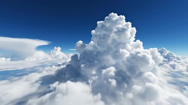 View from above the clouds, with a clear blue sky and f white cumulus clouds