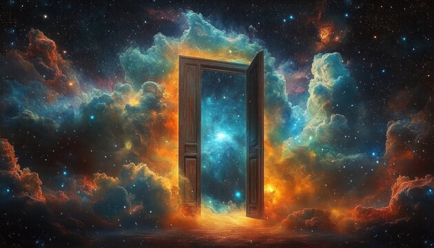 Open wooden door floating amid glowing blue and orange nebula clouds, star-filled cosmic gateway evoking wonder and mystery